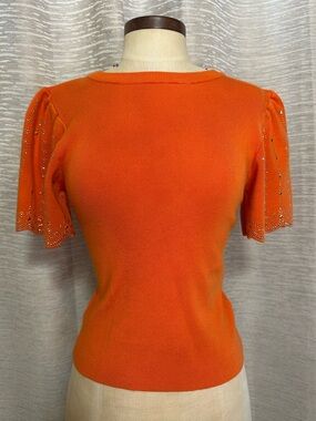 Antwelth Orange Embellished Flutter Sleeve Knit Sweater Top Size S